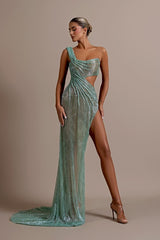 Mint Green One Shoulder Long Prom Dress Sleeveless with Split