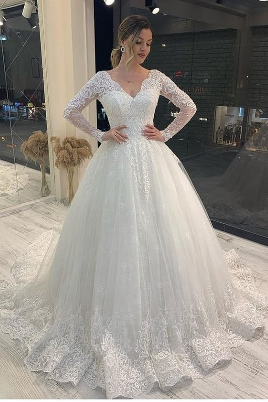 A-Line Vintage V-neck Wedding Dress with Lace Appliques and Long Tulle Sleeves