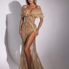 Champagne Long Mermaid Prom Dress Off Shoulder With Glitter Sequin Side Slit Party Gown