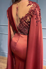 Modern Rust Long Sleeves Prom Dresseses Mermaid With Lace Appliques Ruffles