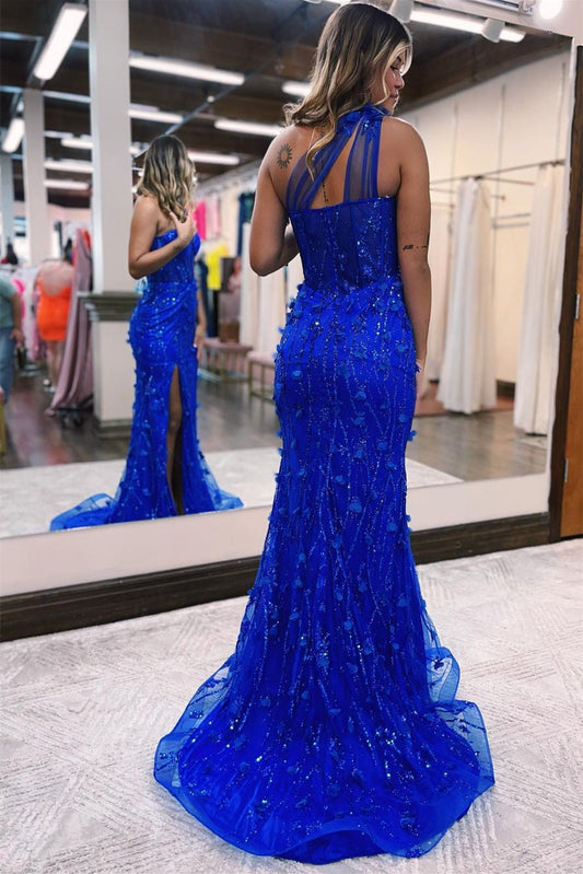 Modern Royal Blue One Shoulder Prom Dresses Mermaid Split With Beadings