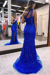 Modern Royal Blue One Shoulder Prom Dresses Mermaid Split With Beadings