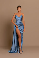 Gorgeous Sweetheart Dusty Blue Prom Dress Mermaid Long Slit With Pleats