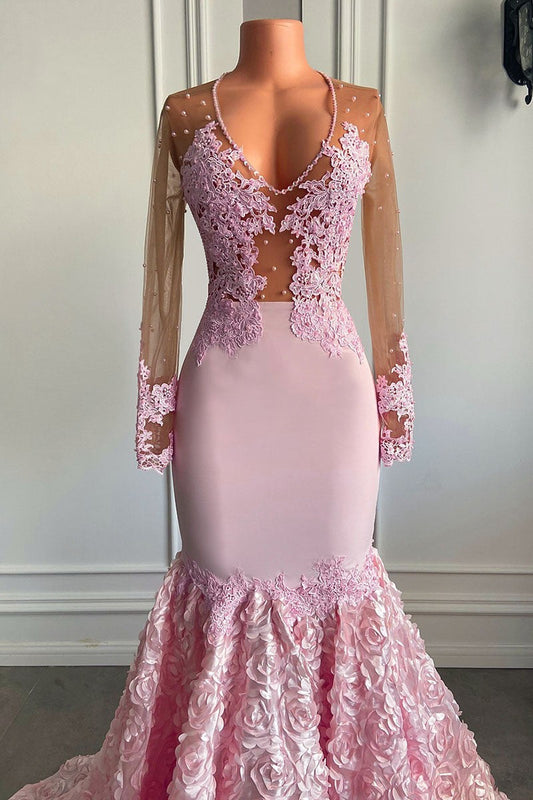 New Arrival Pink Long Sleeves Prom Dress Mermaid Lace Appliques With Flowers