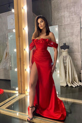 Classic Red Ruffles Prom Dress Off-the-Shoulder Pleated with Slit