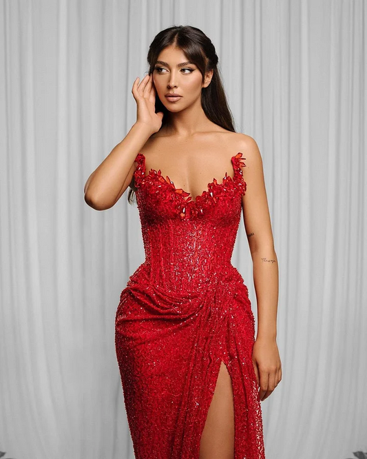 Gorgeous Red V-Neck Sequin Mermaid Prom Dress Sleeveless High Split