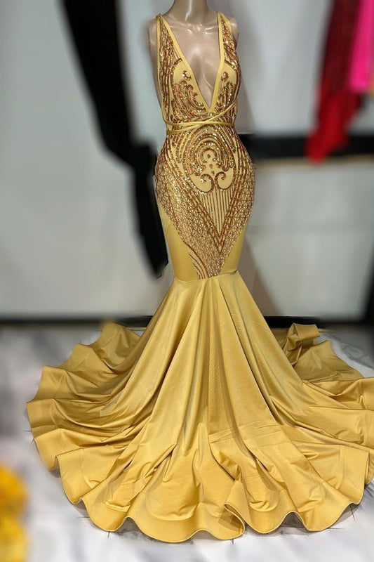 Modern Gold Deep V-Neck Mermaid Prom Dress With Sequins Sleeveless