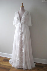 Boho V-Neck Chiffon Lace Wedding Dress Featuring an A-Line Cut and Belt