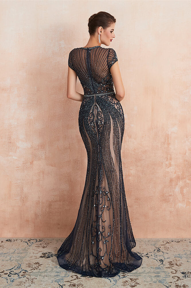 New Arrival Short Sleeves Mermaid Prom Dress Beadings Keyhole