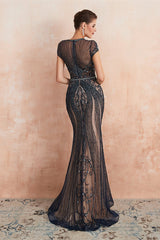 New Arrival Short Sleeves Mermaid Prom Dress Beadings Keyhole