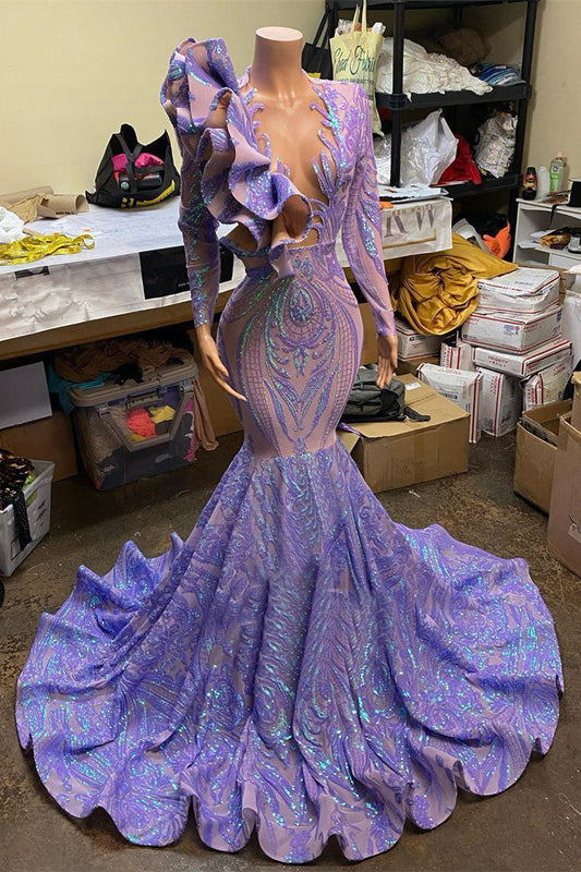 Fabulous Lavender Long Sleeves Prom Dress Mermaid Sequins  Long Online