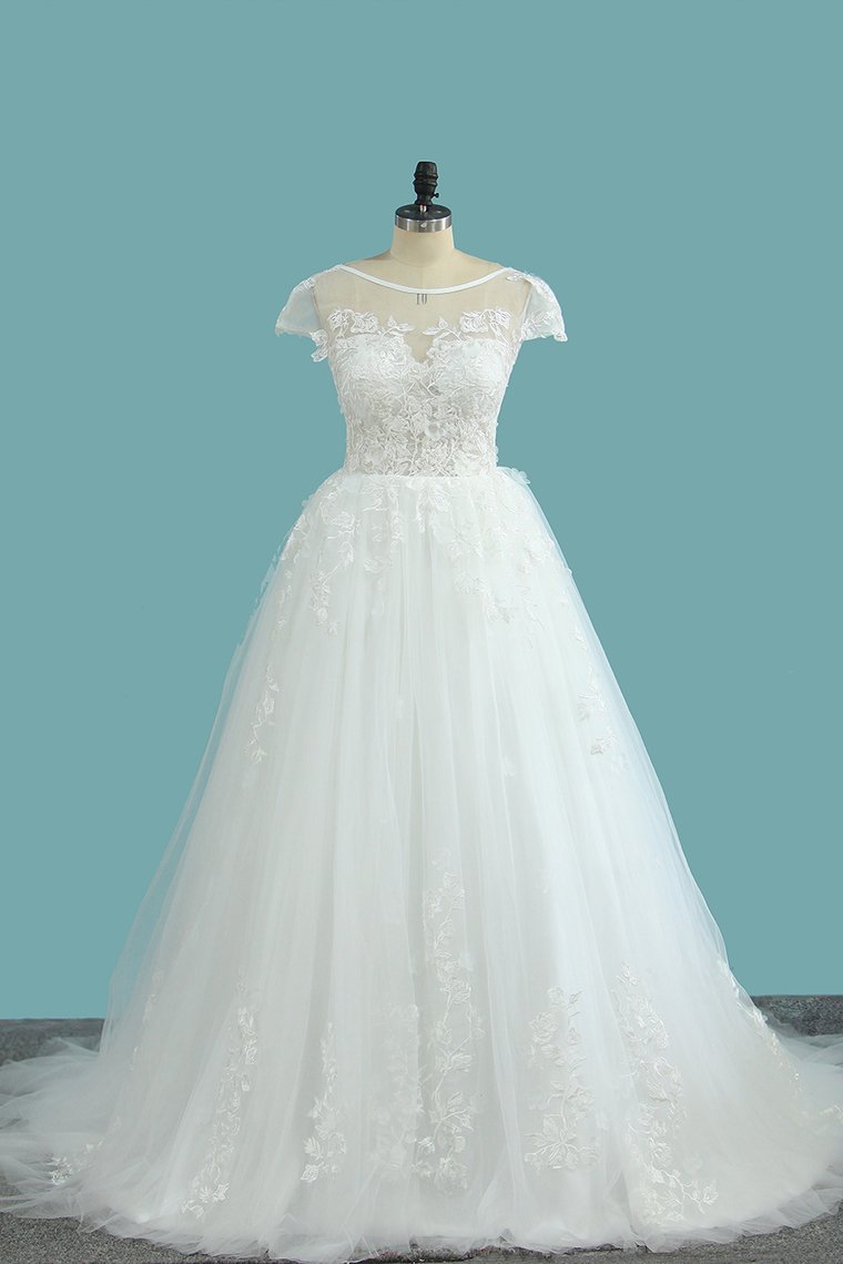 Elegant Floor-length Bateau Wedding Dress with Backless Lace and Tulle Appliques in an A-Line Silhouette