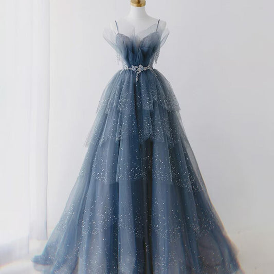 A Line Tulle Sweetheart Off the Shoulder Beaded Open Back Evening Dress