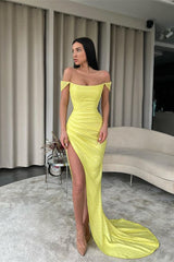 Classy Daffodil Off-the-Shoulder Mermaid Prom  Dress With Split Sequins