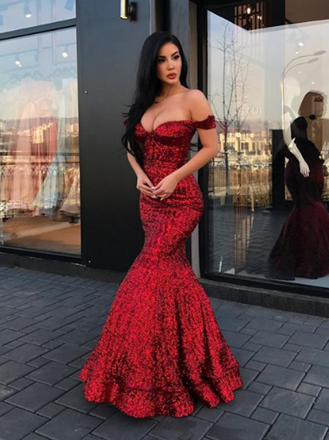 Charming Off-the-Shoulder Mermaid Sequins Prom Dresses Long