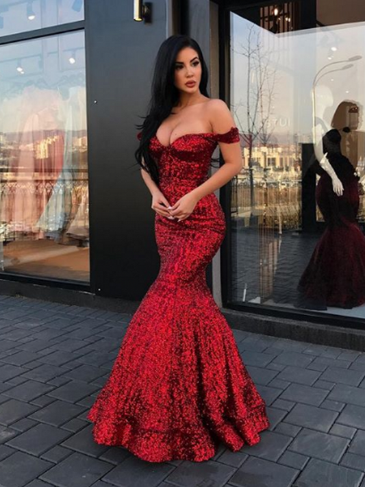 Charming Off-the-Shoulder Mermaid Sequins Prom Dresses Long