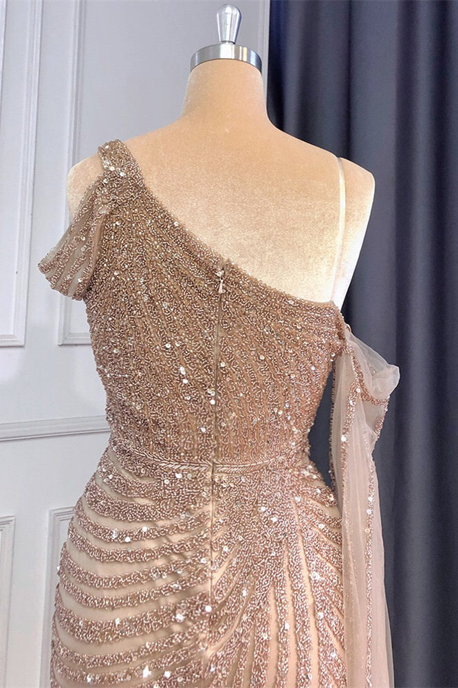 Gorgeous One Shoulder Mermaid Prom Dress Sequins Beadings Split With Ruffle