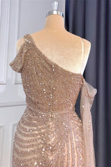 Gorgeous One Shoulder Mermaid Prom Dress Sequins Beadings Split With Ruffle