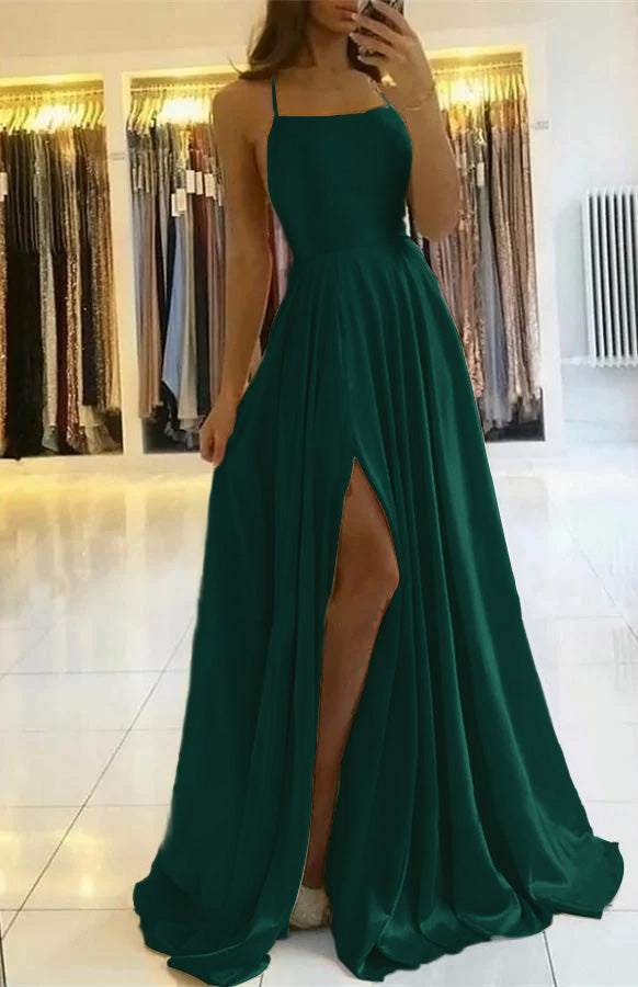 Sage Green Spaghetti-Straps Prom Dress Long Pleated with Slit