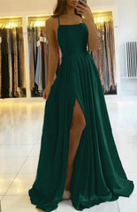  Sage Green Spaghetti-Straps Prom Dress Long Pleated with Slit