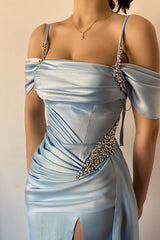 New Arrival Sky Blue Off-The-Shoulder Spaghetti-Straps Mermaid Prom Dress Beaded With Split