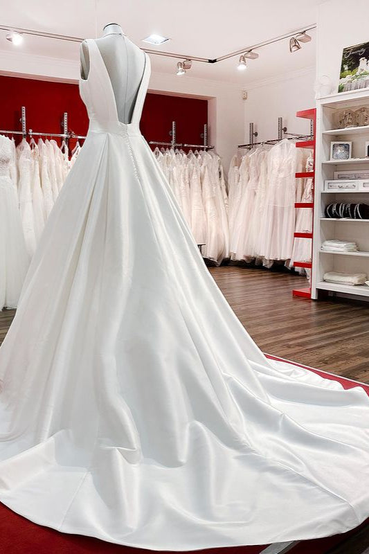 Elegant V-Neck A-Line Long Satin Wedding Dress Featuring Ruffles and Open Back
