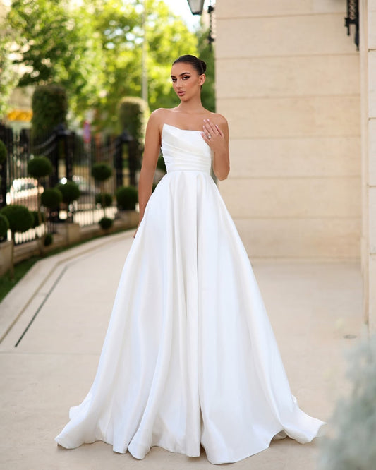 Royal White Sleeveless Strapless Square A-Line Prom Dress