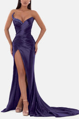 Royal Blue Prom Dress V Neck With High Slit Pleated Strapless Sleeveless