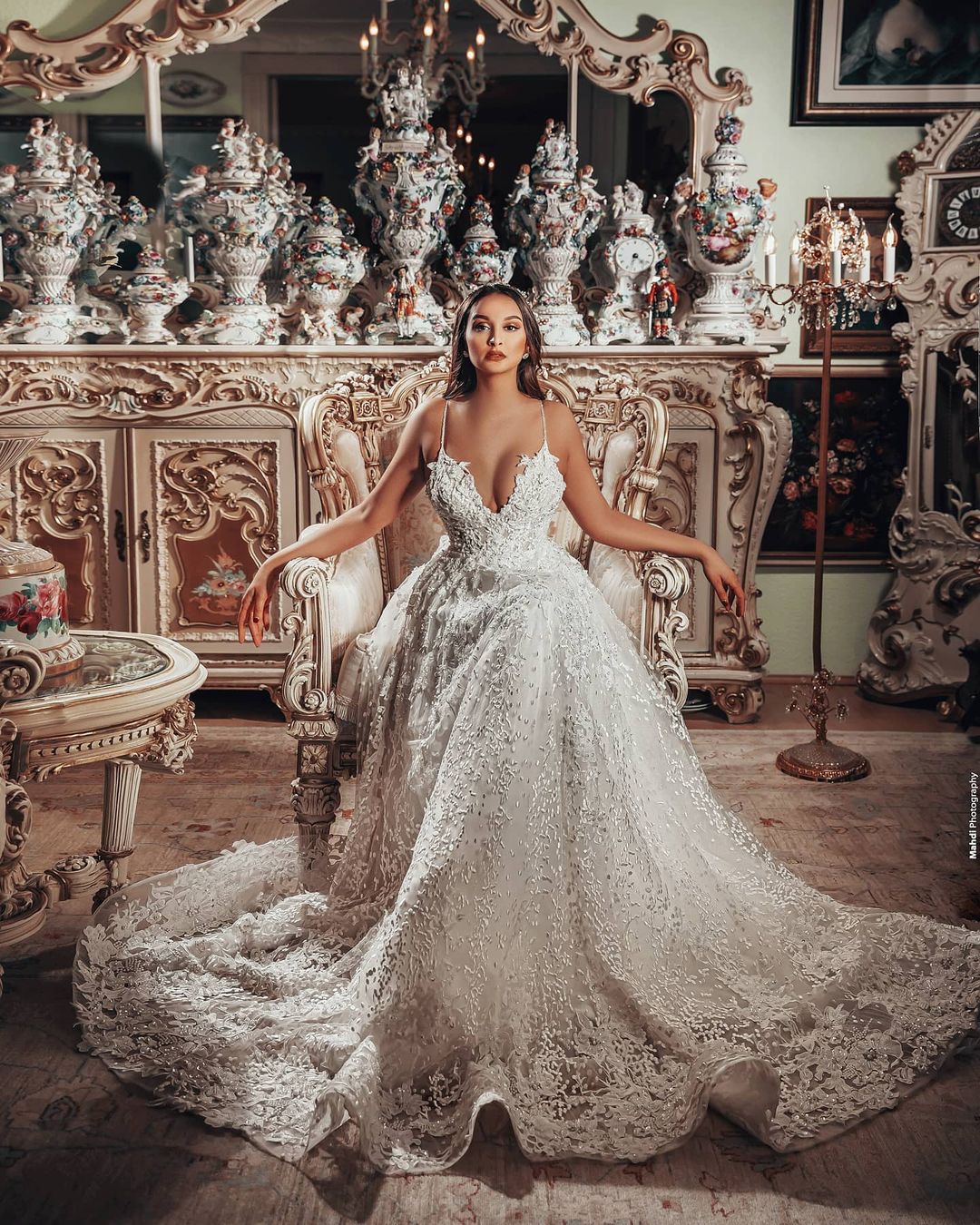 Long A-line Vintage V-neck Wedding Dress Featuring 3D Floral Lace