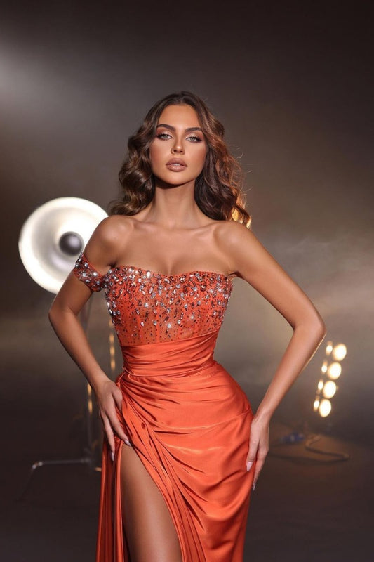 Orange Strapless Long Slit Prom Dress Mermaid Sleeveless with Beads