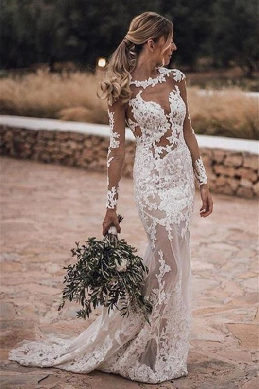 Backless Mermaid Wedding Dress with Long Sleeves and Lace Appliques in Tulle