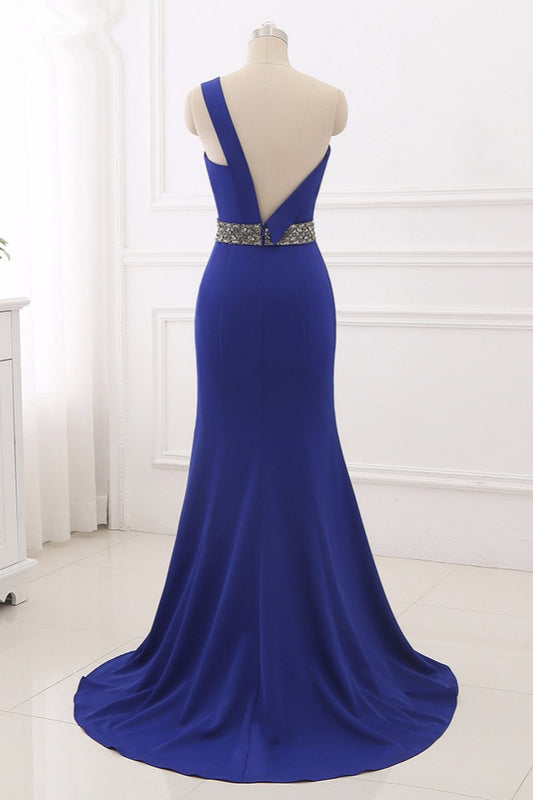 Royal Blue One Shoulder Sleeveless Mermaid Prom Dress with Beads Rhinestones