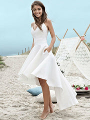 A-Line Wedding Dress with Elegant V-neck, Hi-Lo Hem, and Spaghetti Straps, Featuring Pockets