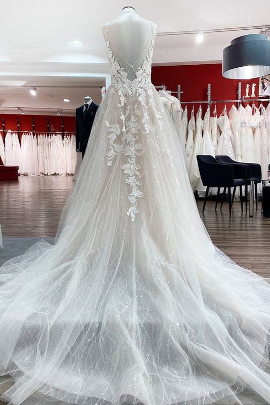 Elegant Princess V-Neck Wedding Gown with Long Spaghetti Straps and Sequined Lace Appliques