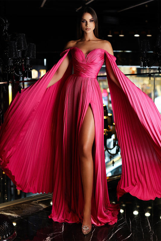 Chic Fuchsia Off-the-Shoulder Prom Dress Ruffles Long With Split