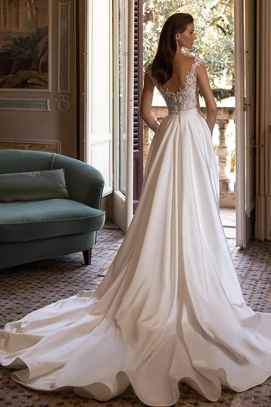 Elegant White Satin Spaghetti Strap Mermaid Wedding Gown with Detachable Train and Applique
