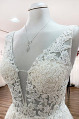 Elegant Backless Long A-line Wedding Dress with V-neck, Tulle Ruffles, and Lace