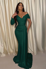Chic White Mermaid Prom Dress Off-the-Shoulder V Neck Pleated