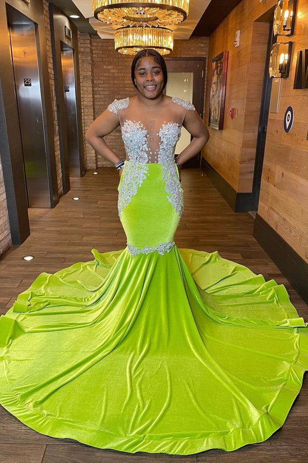Stunning Green Cap Sleeves Mermaid Prom Dresses Long With Lace Appliques