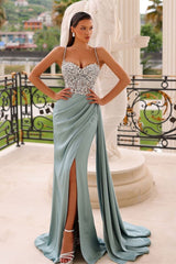 Modern Dusty Sage Spaghetti-Straps Prom Dress Mermaid Sleeveless Split With Crystals