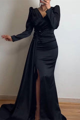 Classy V-Neck Long Sleeves Mermaid Prom Dress Ruffles With Appliques Split