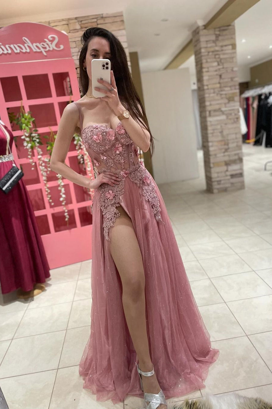 Popular Spaghetti-Straps Sweetheart Sleeveless Mermaid Prom Dresses With High Split Appliques
