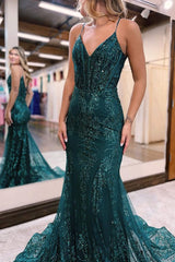 Evening Dress Spaghetti Strap Appliques A-Line Tulle Sequins