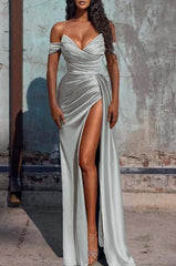  Dusty Blue Off-the-Shoulder Mermaid Prom Dress with Slit