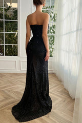 Classy Black Strapless Sequins Prom Dress Mermaid Slit Long