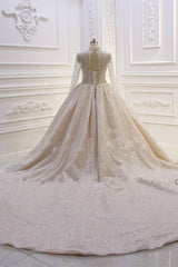 High-neck Vintage Wedding Gown with Long Sleeves and Sequins in Satin