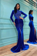 Amazing Long Sleeves Royal Blue Mermaid Prom Dress With Sequins Beadings