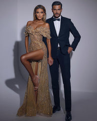 Champagne Long Mermaid Prom Dress Off Shoulder With Glitter Sequin Side Slit Party Gown