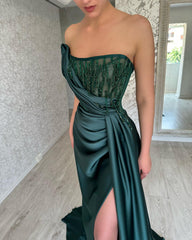 Beautiful Dark Green Strapless Prom Dresses Slit Long With Beadings