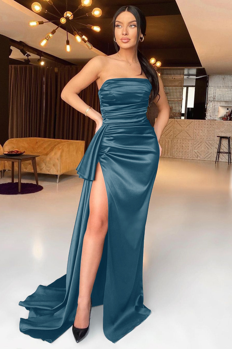 Black Strapless Mermaid Evening Dress with Split